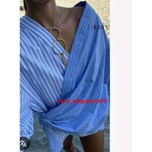 ZARA NEW WOMAN ASYMMETRIC CROSSOVER POPLIN SHIRT STRIPED BLUE SIZE XS  5216/042